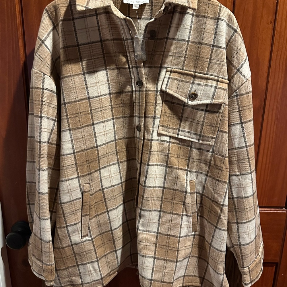 Flying Tomato Plaid Jacket - Brown and Cream with fringe on back. Size medium